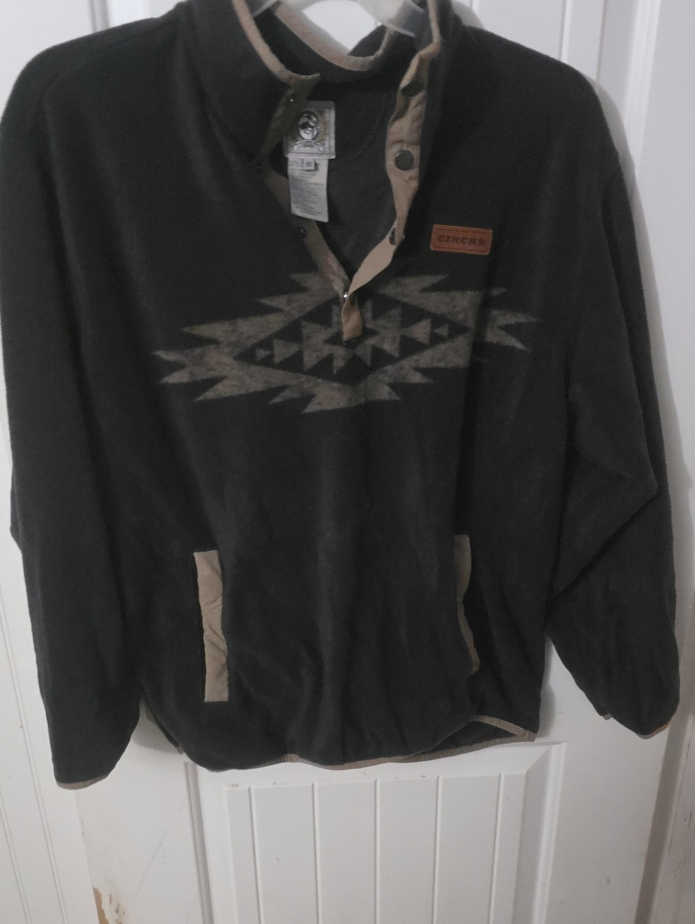 Cinch Dark Olive Zip-Up Sweater with Tan Geometric Accents